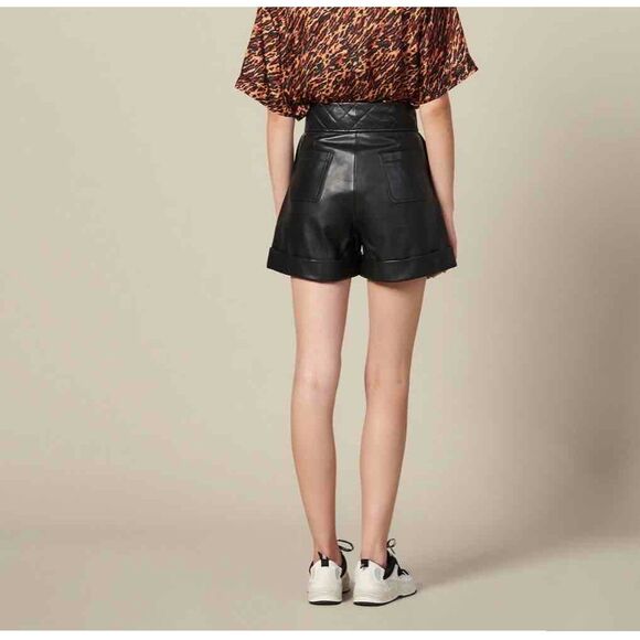 Sandro Black Leather Quilted Waist Cuffed Hem Shorts Size 38 - Picture 5 of 7